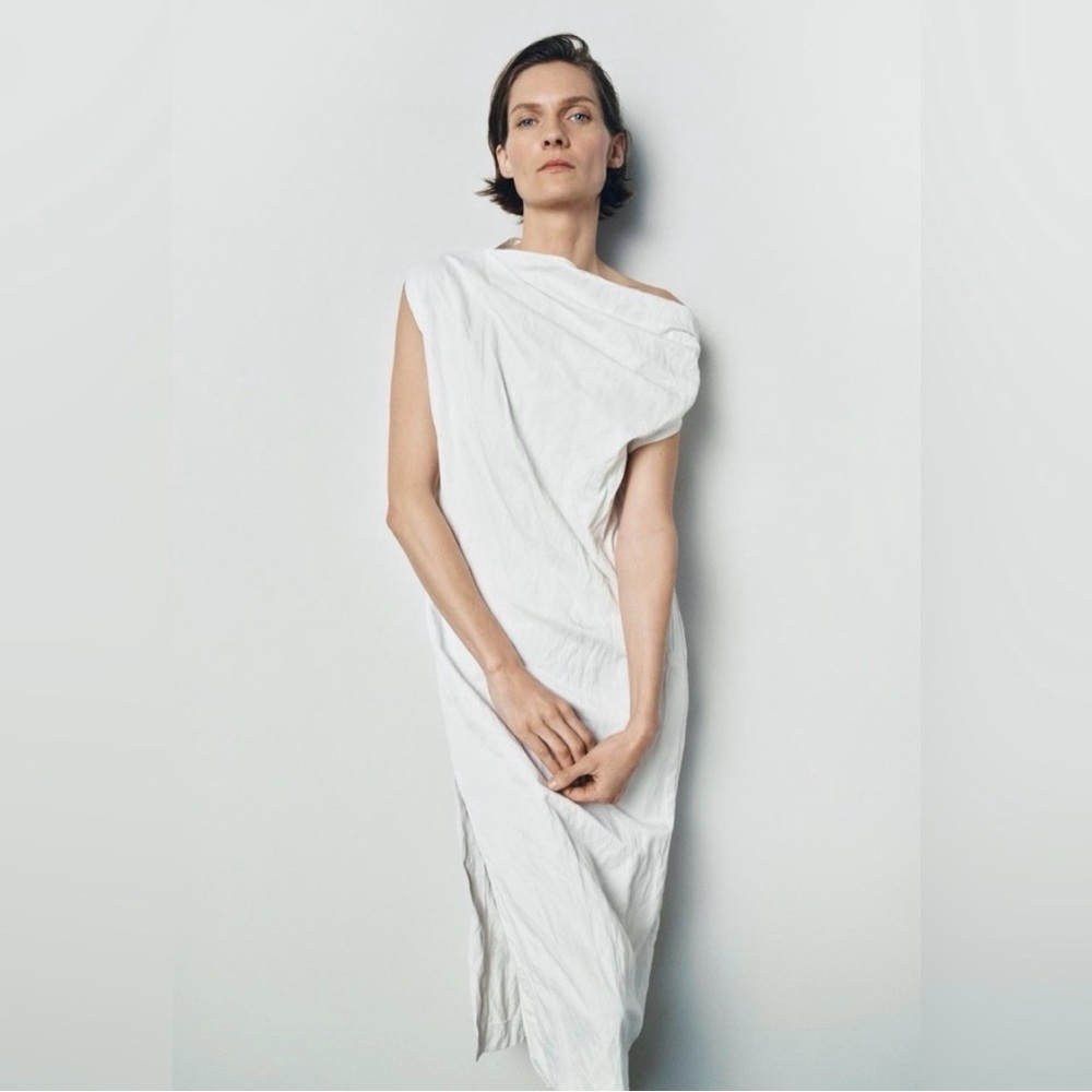 ZARA ZW Collection Asymmetric Crinkle Dress, White, XS - Picture 3 of 12